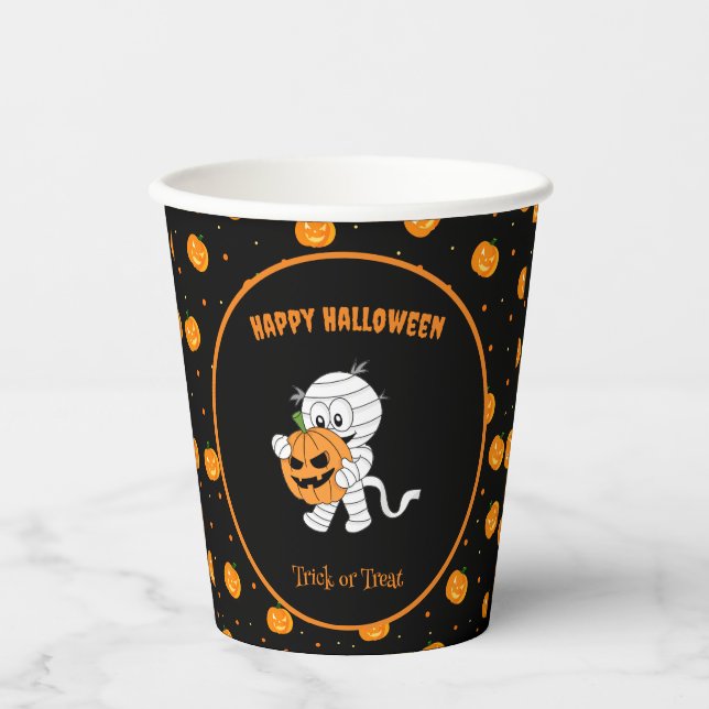 Funny Mummy Walking With Pumpkin Halloween Party Paper Cups (Front)