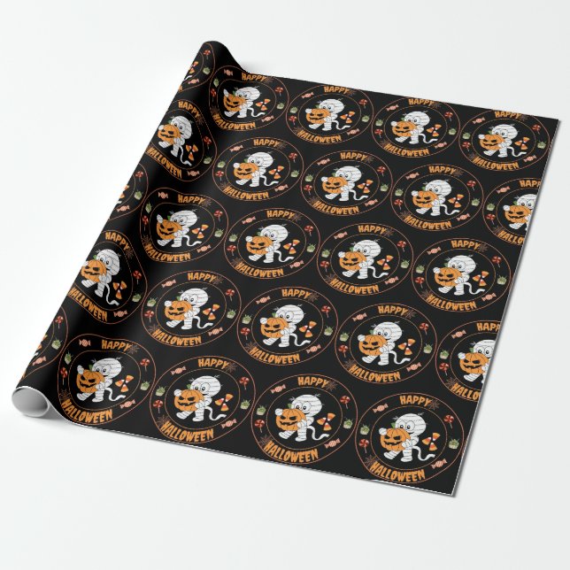 Funny Mummy Walking with Pumpkin Halloween Party  Wrapping Paper (Unrolled)