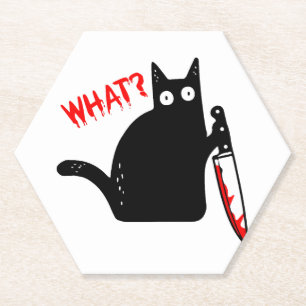 Funny Murderous Cat Holding Knife Halloween Paper Coaster