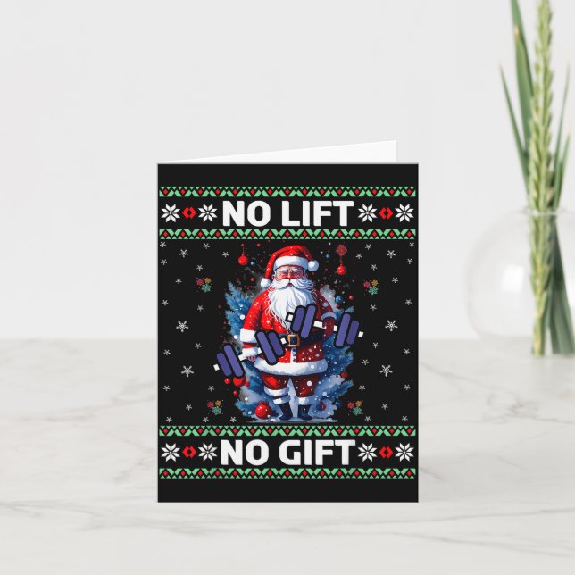 Funny Muscle Santa Lifting Ugly Christmas Sweater  Card (Front)