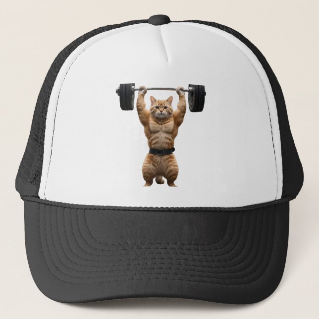 Funny Muscular Cat Gym Trucker Hat (Front)