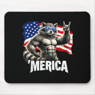 Funny Muscular Racoon Merica Patriotic USA Flag Mouse Pad