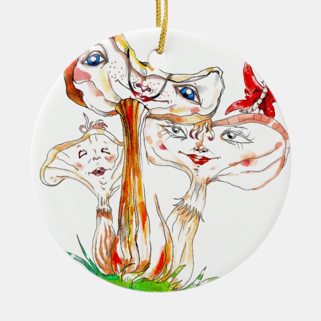 Funny mushrooms ceramic tree decoration (Front)