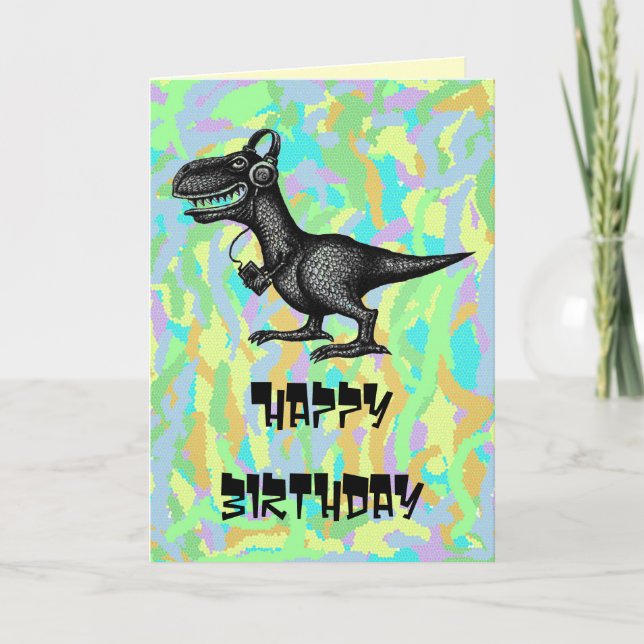 Funny music dinosaur happy birthday card design (Front)