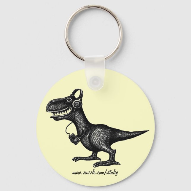 Funny music dinosaur pen ink drawing art keychain (Front)
