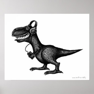 Funny music dinosaur pen ink drawing art poster