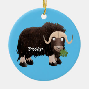 Funny musk ox cartoon illustration ceramic ornament