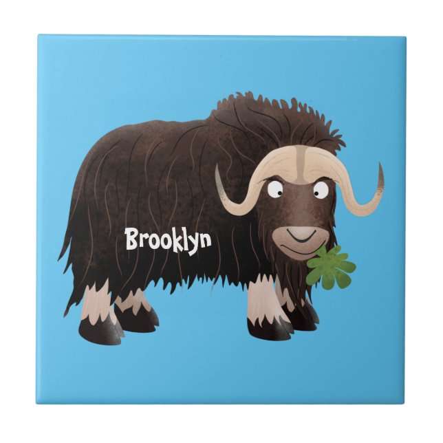 Funny musk ox cartoon illustration ceramic tile (Front)