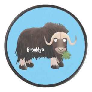 Funny musk ox cartoon illustration hockey puck
