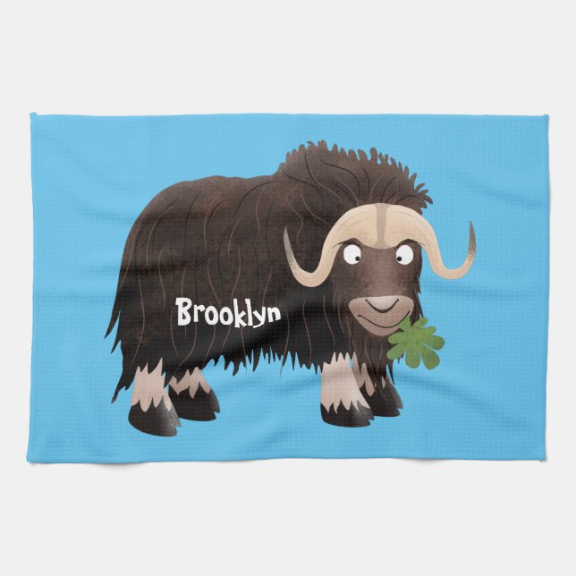 Funny musk ox cartoon illustration tea towel (Horizontal)