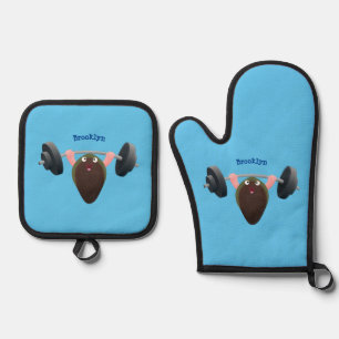 Funny mussel working out cartoon illustration oven mitt & pot holder set