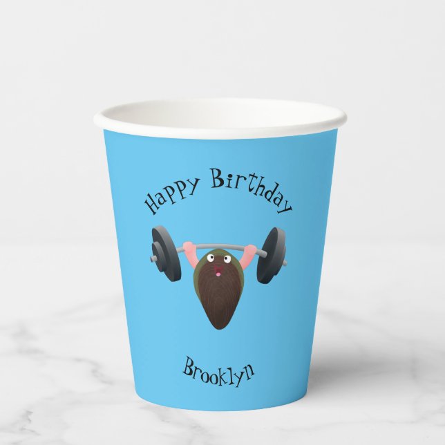 Funny mussel working out cartoon illustration  paper cups (Front)