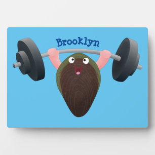 Funny mussel working out cartoon illustration plaque