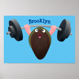 Funny mussel working out cartoon illustration  poster