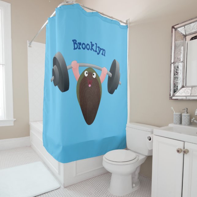 Funny mussel working out cartoon illustration shower curtain (In Situ)