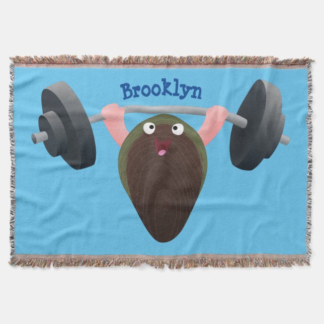 Funny mussel working out cartoon illustration  throw blanket (Front)
