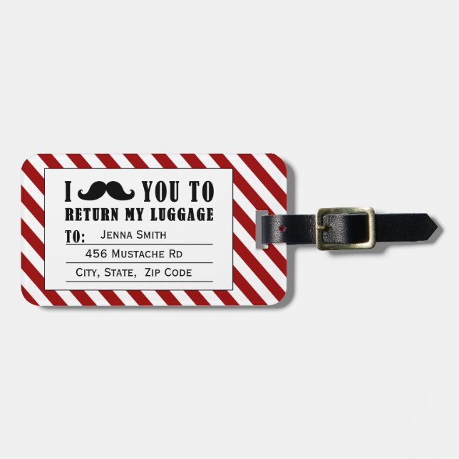 FUNNY MUSTACHE LUGGAGE TAG | RED STRIPES (Front Horizontal)