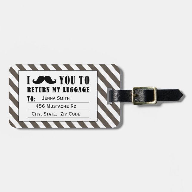 FUNNY MUSTACHE LUGGAGE TAG | TAUPE STRIPES (Front Horizontal)