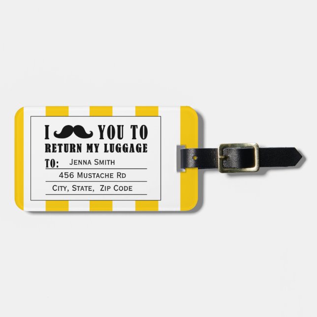 FUNNY MUSTACHE LUGGAGE TAG | YELLOW STRIPES (Front Horizontal)