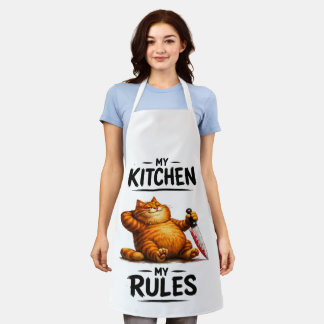 Funny My Kitchen My Rules Orange Cat with Knife Apron