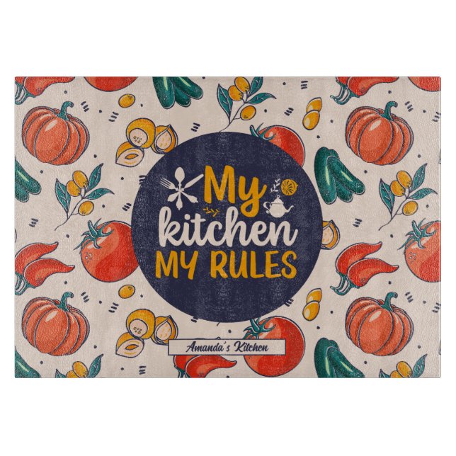 Funny My Kitchen My Rules Vegetable Food Pattern Cutting Board (Front)
