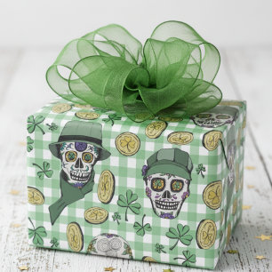 Funny n' Festive Green Irish Sugar Skulls & Coins Wrapping Paper
