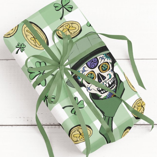Funny n' Festive Green Irish Sugar Skulls & Coins Wrapping Paper (Funny & festive, these Irish sugar skulls are wearing hats and scarves and spreading luck and cheer!)