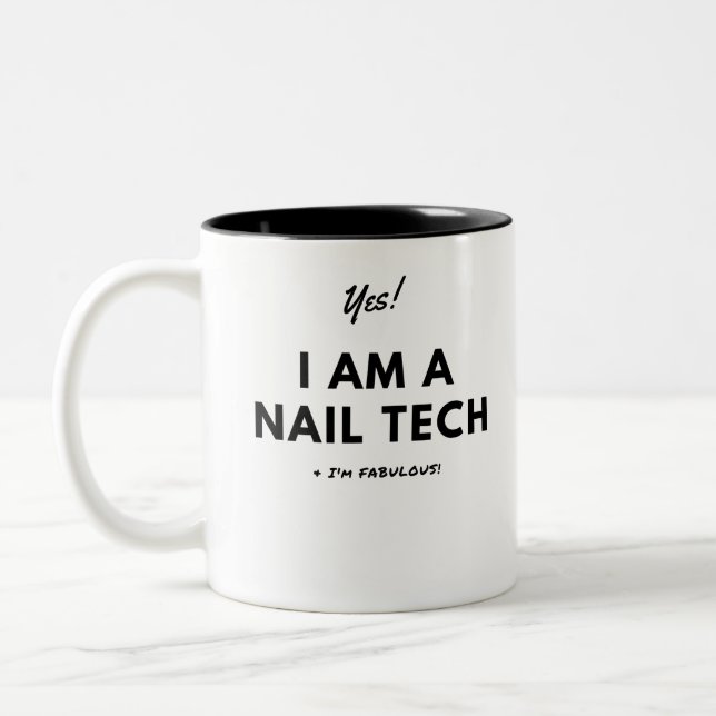 Funny Nail Tech Black and White Cute Two-Tone Coffee Mug (Left)