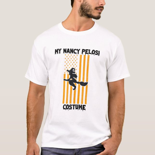 Funny Nancy Pelosi Costume Flying Witch Flag Hallo T-Shirt (Front)