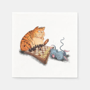 Funny Napkins Cat and Mouse Playing Chess Cartoon