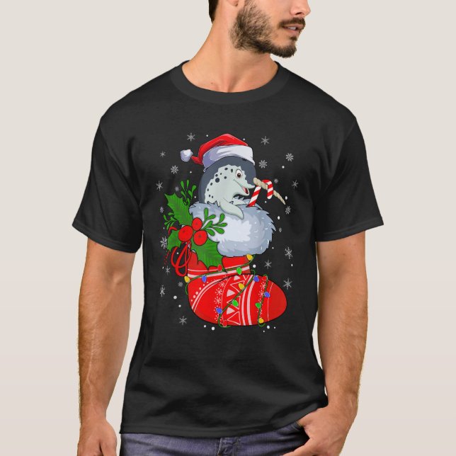 Funny Narwhal In Christmas Socks Santa Hat Lights  T-Shirt (Front)