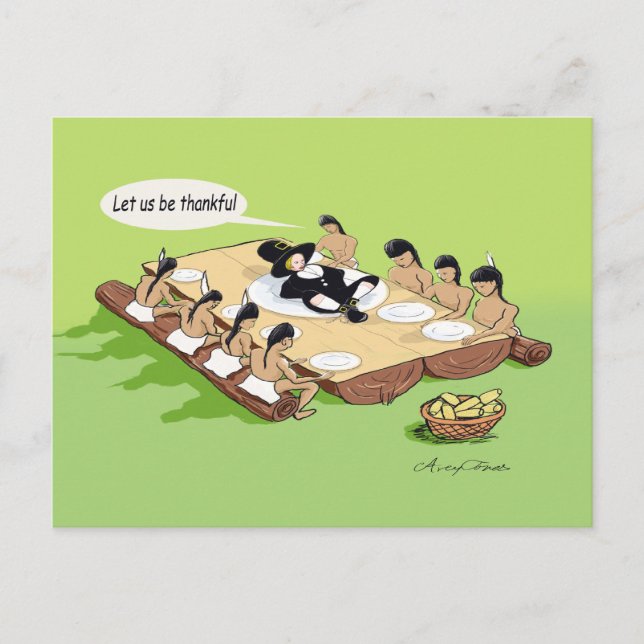 Funny Native American Thanksgiving Holiday Cartoon Postcard (Front)