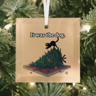 Funny Naughty Cat Blaming Dog "It was the dog" Glass Tree Decoration