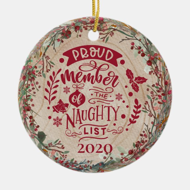 Funny Naughty List Personalised Photo Botanical Ceramic Ornament (Front)