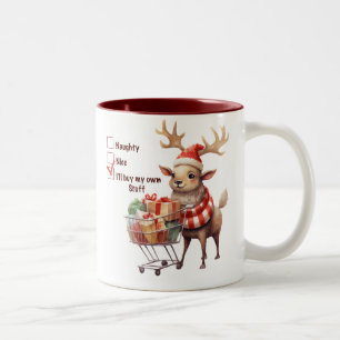 Funny Naughty Nice Reindeer Two-Tone Coffee Mug
