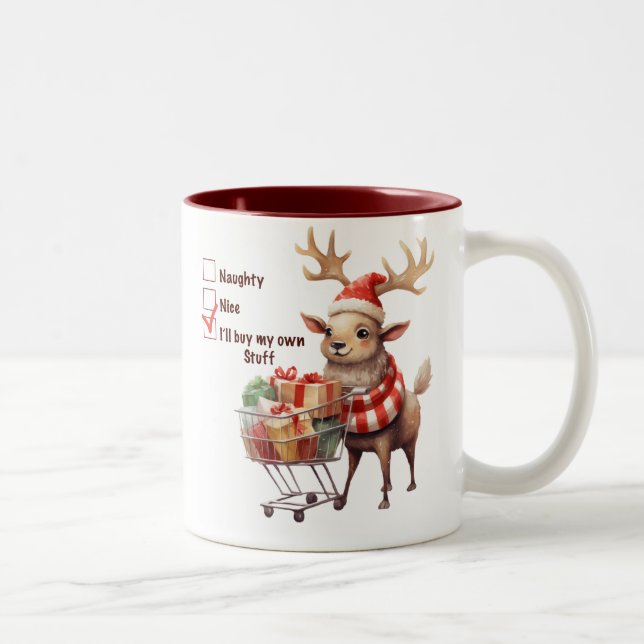 Funny Naughty Nice Reindeer Two-Tone Coffee Mug (Right)