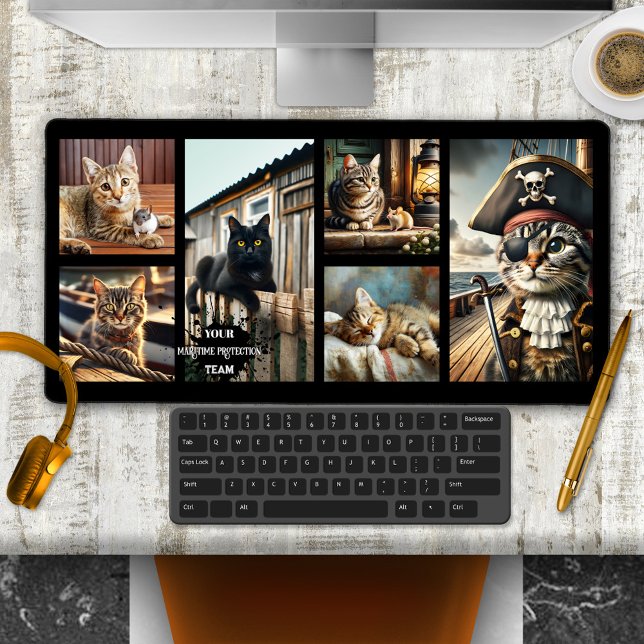 Funny Nautical Photo Grid Cat Desk Mat (Desk mat featuring a photo collage or collection of funny nautical themed cat images)