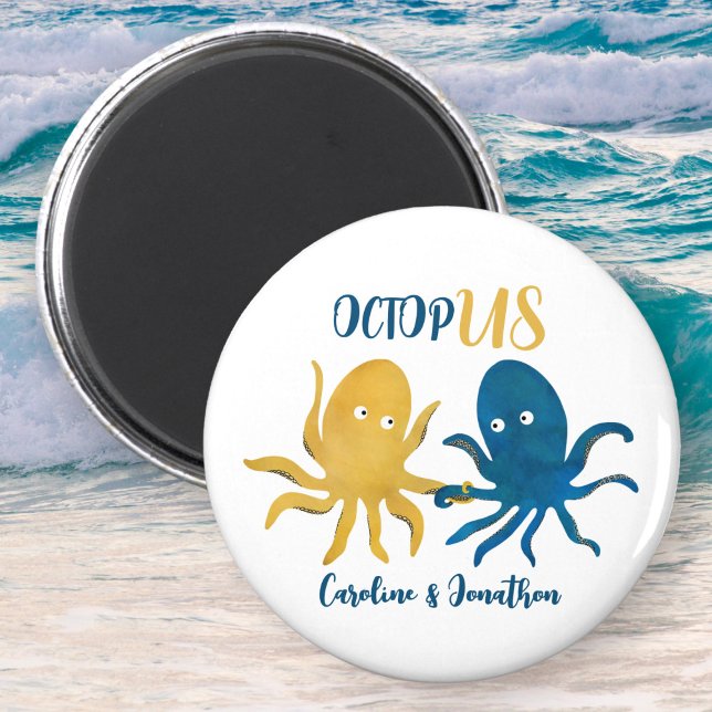 Funny navy and gold ocean octopus wedding favor magnet (Creator Uploaded)