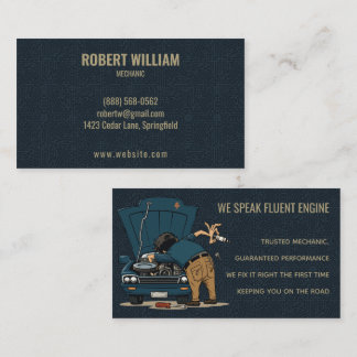 Funny Navy Blue Cartoon Auto Mechanic Repair Business Card