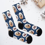 Funny Navy Blue Custom 2 Pet Photo Paw Print Socks<br><div class="desc">Sophisticated meets silly on these navy blue custom socks featuring two pet photos in round frames with white paw prints on a rich navy background. Upload your dog or cat photos for a polished yet playful personalised gift. A versatile colorway that works for any occasion from birthdays to holidays to...</div>