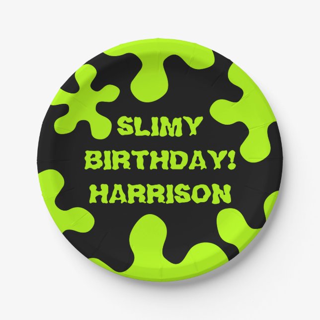 Funny neon green slime custom name birthday paper plate (Front)