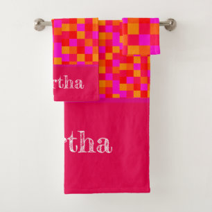 Funny Neon Pink Monogram checked bricks funky U3y Bath Towel Set