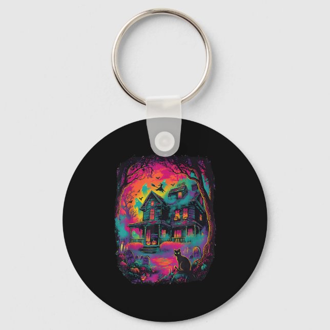 Funny Neon S Ghost Black Cat Witch Halloween  Key Ring (Front)