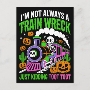 Funny Neon Train Wreck Skeleton Halloween Pun Postcard
