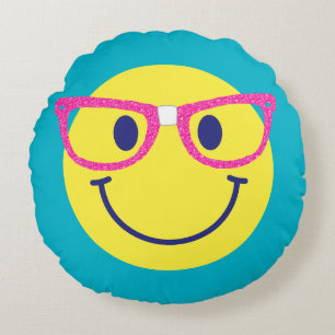 Funny Nerd Glasses Happy Face Kids' Teal Round Cushion