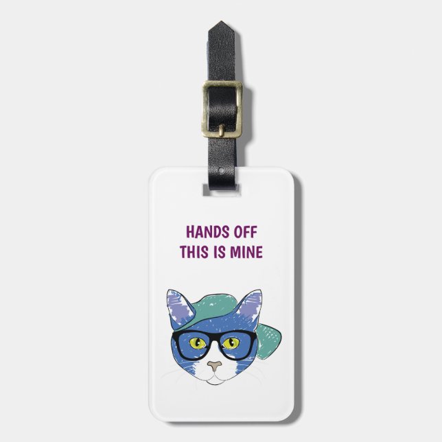 Funny Nerdy Hipster Cat with Glasses Hands Off Luggage Tag (Front Vertical)