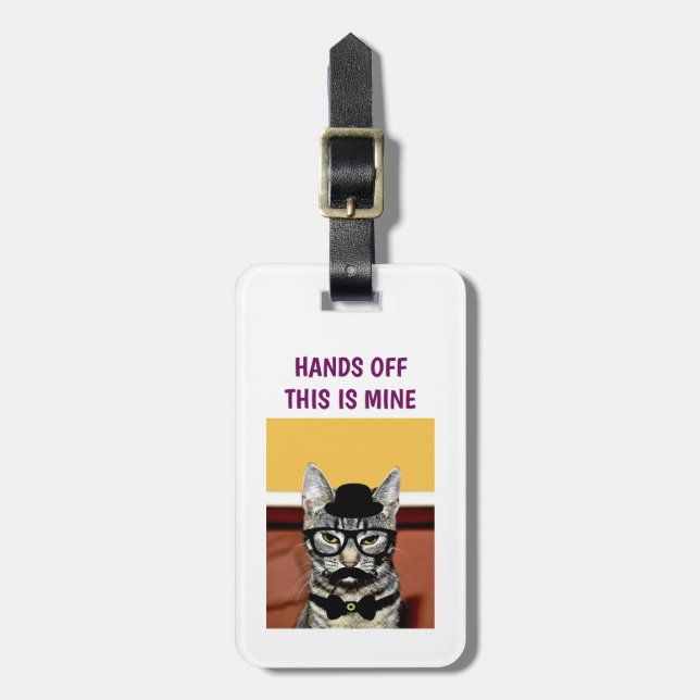 Funny Nerdy Hipster Cat with Glasses Hands Off Luggage Tag (Front Vertical)