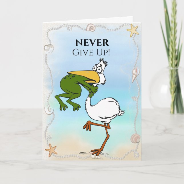 Funny Never Give Up Frog Choking Bird Card   (Front)