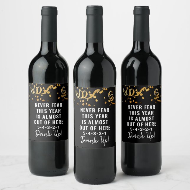 Funny New Years Black Gold Glitter Confetti Wine Label (Bottles)