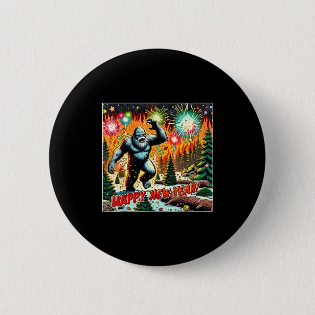 Funny New Years Eve 2024 Bigfoot And Fireworks Hum 6 Cm Round Badge (Front)
